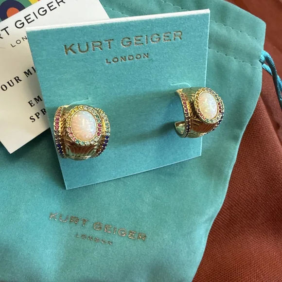 KURT GEIGER LONDON SIGNATURE SOUTHBANK GOLD TONE OPAL RHINESTONE HOOP EARRINGS - Picture 1 of 4